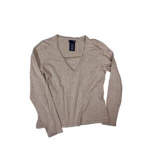 East 5th Creamy Gold Sparkly Sweater Pearl Collar V Neck Womens Medium